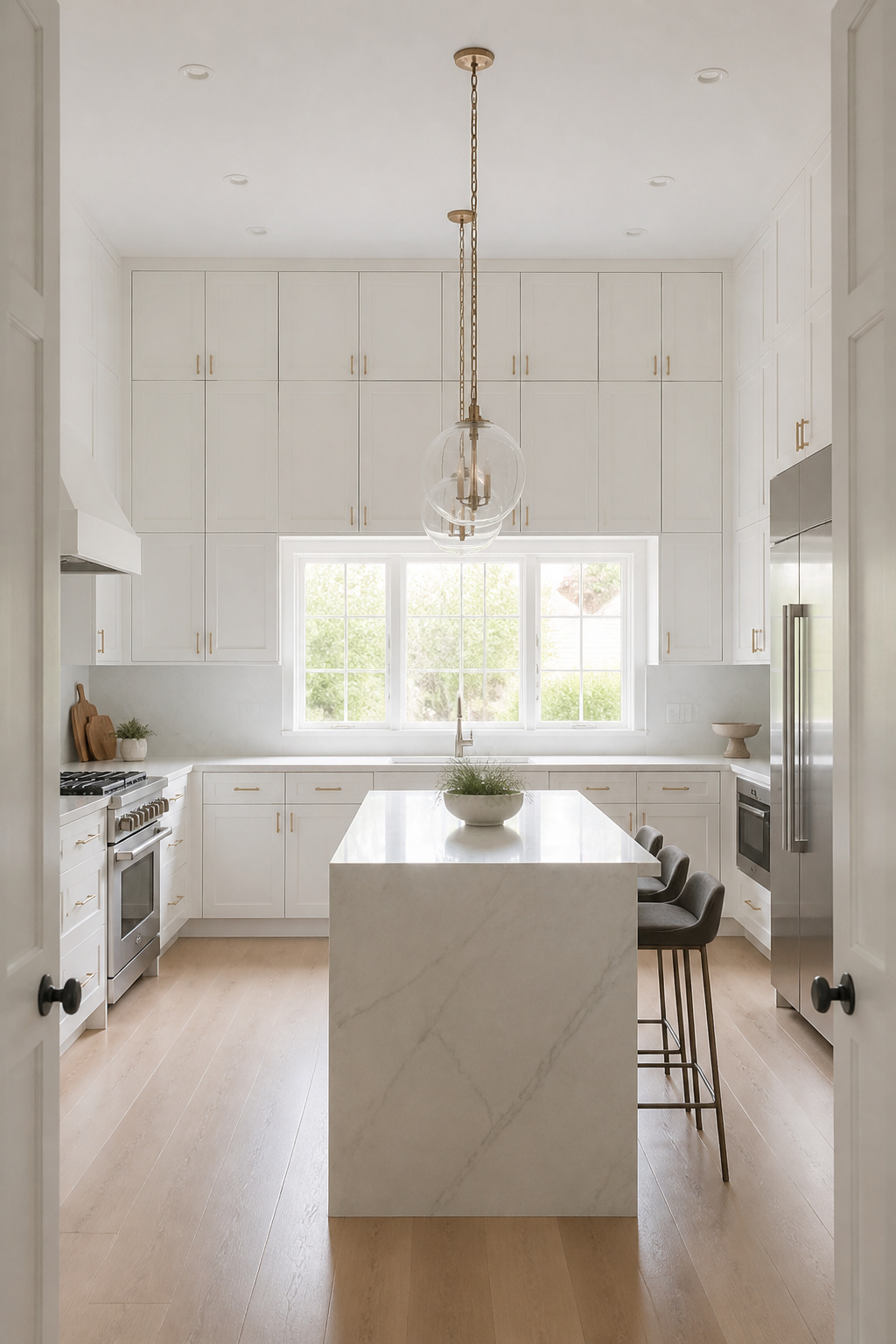 Floor-to-ceiling cabinet runs eliminate the awkward soffit gap and create a continuous vertical plane that reads significantly taller than standard-height upper cabinets — one of the highest-impact small-space design moves in kitchen renovation. Vertical lines are among the most powerful tools in small-space design, and a cabinet run extending from floor to ceiling is about as vertical as kitchen design gets. The effect eliminates the awkward gap above standard-height cabinets — the dust-collecting, rarely-accessed zone — and replaces it with storage or a clean architectural plane.