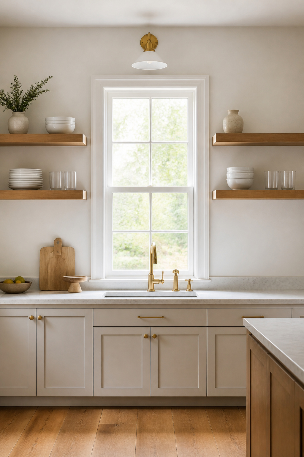 Open kitchen shelving styled with restraint — only 70-80 percent of shelf surface occupied, consistent white and neutral dishware — looks designed rather than accidental, and the empty space is as important as the objects. Open shelving looks better in design magazines than it performs in real kitchens. That is not an argument against it — it is an argument for understanding the trade-off honestly.