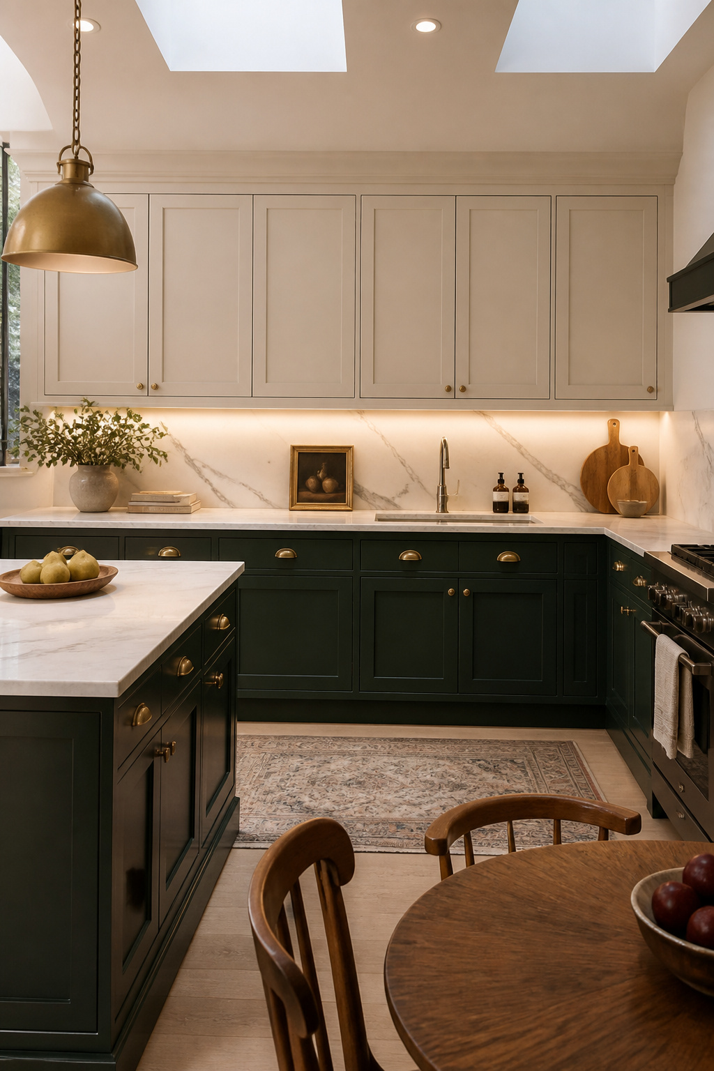 Forest green lower cabinets with white uppers demonstrate the visual weight principle at its best — the dark base anchors the kitchen while warm white above keeps the ceiling zone open, requiring essential under-cabinet LED lighting to illuminate the countertop zone below. Dark lower cabinets anchor a kitchen with a quality that lighter options simply cannot achieve. When done correctly — with proper lighting, well-matched countertops, and awareness of the space's proportions — they make a kitchen feel designed rather than decorated.