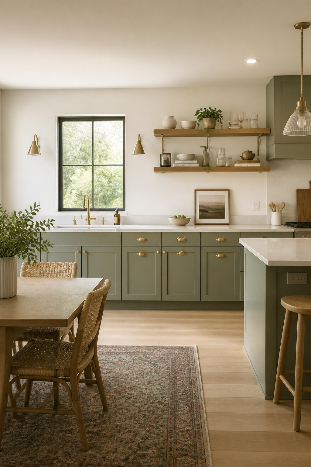 Sage green kitchen cabinets in a muted, warm tone paired with white quartzite and unlacquered brass — the earthy green reads as a sophisticated neutral when kept below 60 percent saturation, explaining why it has staying power beyond typical trend cycles. Green has displaced navy and grey as the dominant statement cabinet color. According to the NKBA 2026 Trends Report, 86 percent of designers named green as a top kitchen design choice looking ahead. That shift is worth understanding in terms of which greens have staying power and which are trend-led.