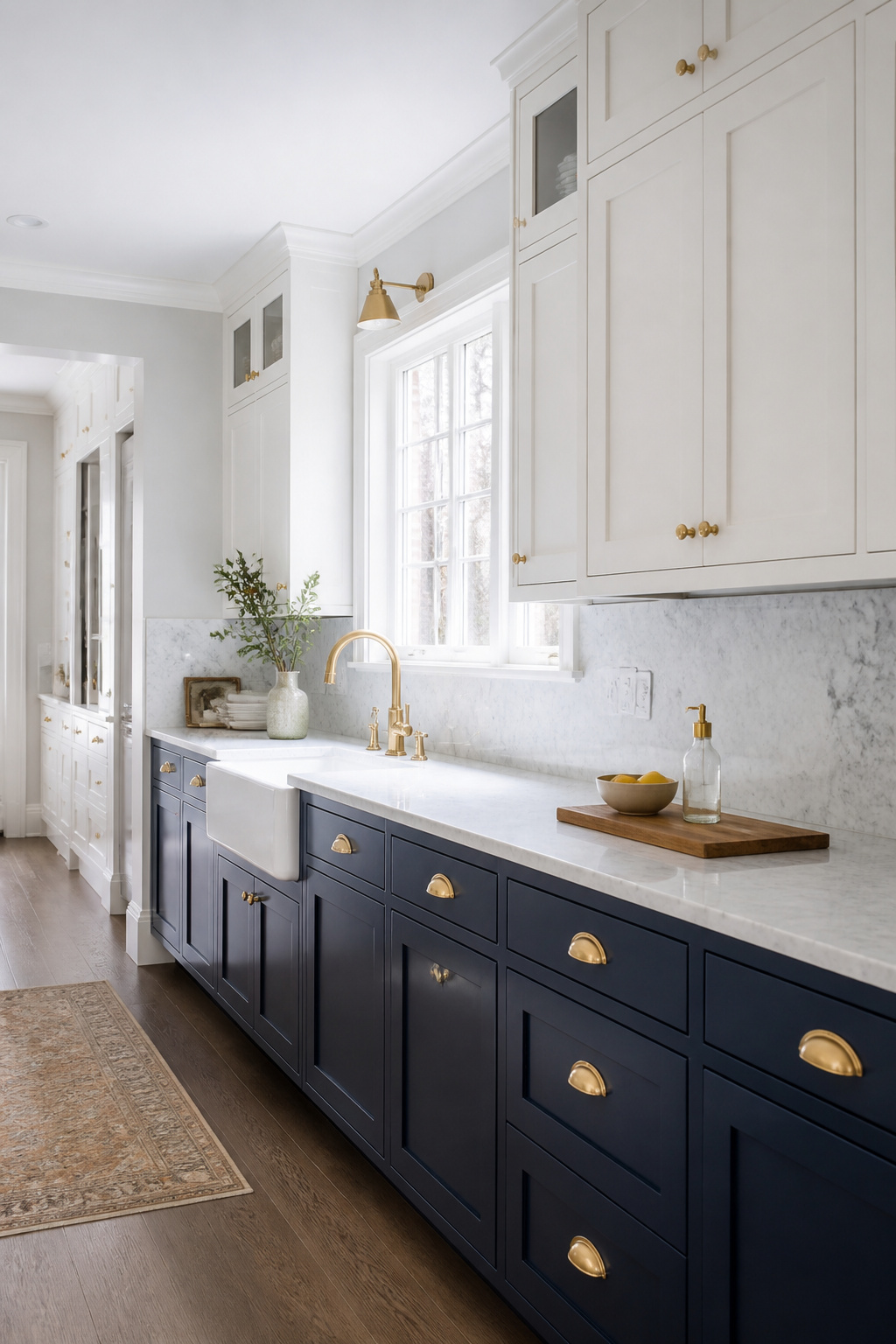 Hale Navy HC-154 on kitchen shaker cabinets with unlacquered brass hardware — the navy's cool gray-green undertone stays true across lighting conditions, while the warm brass creates the sophisticated tension that makes this pairing one of the most enduring combinations in kitchen design. Navy holds a position in kitchen cabinet design that very few colors manage: it belongs to no single era. Navy shaker with brass hardware reads as classic American. The same color on a handleless slab reads as contemporary European. This flexibility explains why navy has sustained relevance across kitchen design cycles that have retired other cabinet colors.