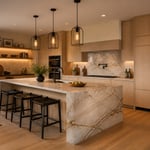 A complete modern kitchen interior where every element — from the waterfall island to the concealed ventilation and integrated appliances — was designed as part of a coherent spatial system rather than assembled individually.