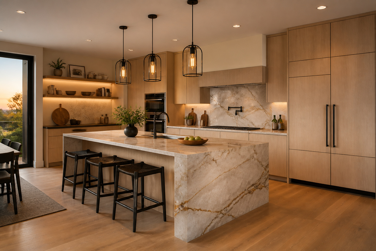 A complete modern kitchen interior where every element — from the waterfall island to the concealed ventilation and integrated appliances — was designed as part of a coherent spatial system rather than assembled individually.