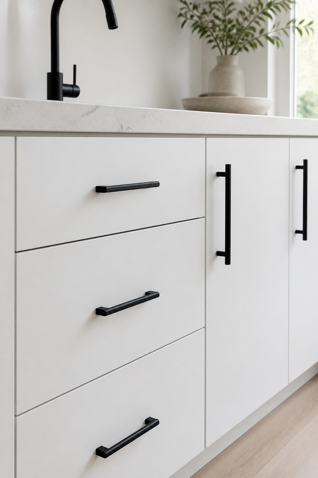 Slim matte black bar pulls at one-third drawer width — the hardware proportion is as deliberate as the finish choice.