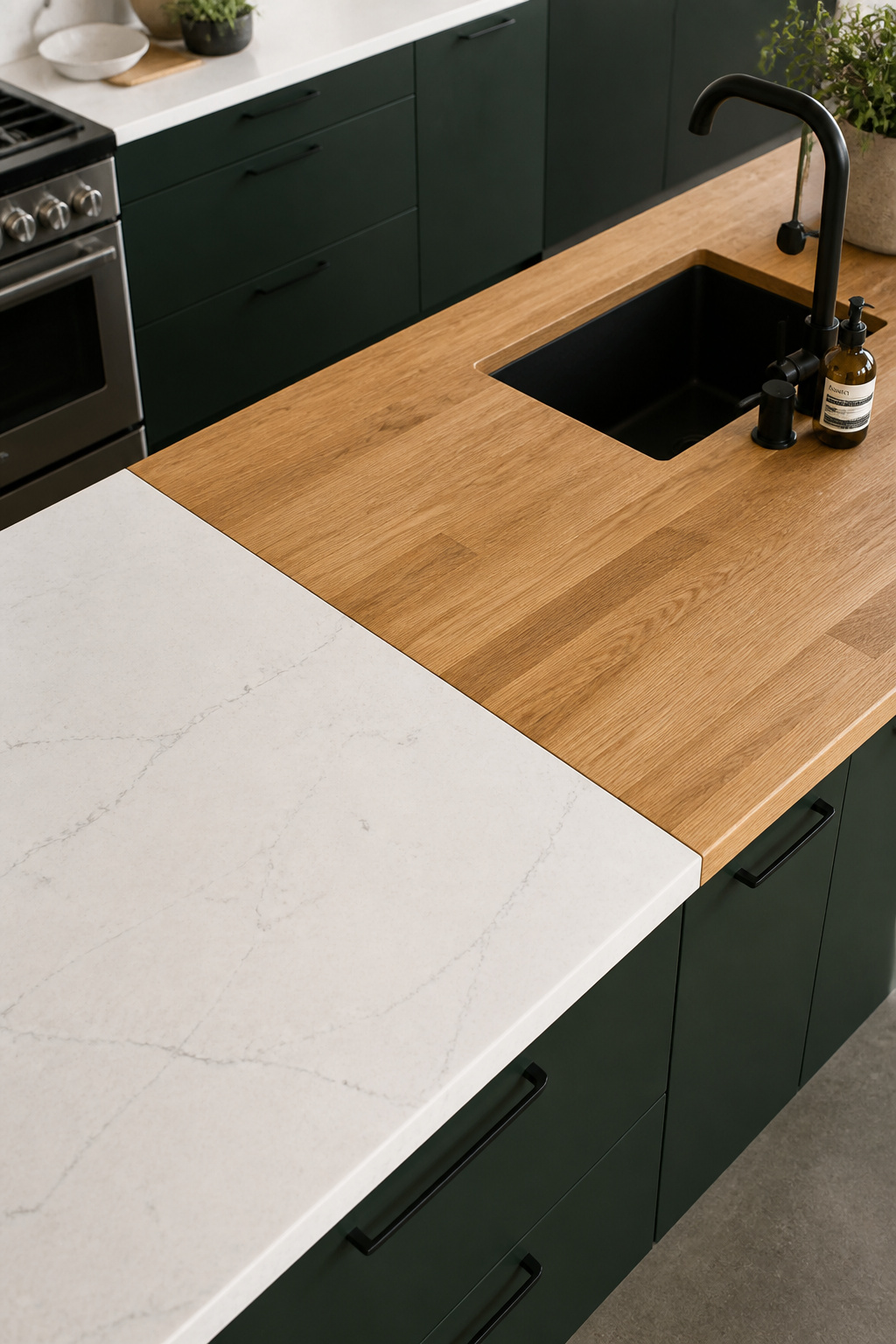 A flush seam between quartz and white oak butcher block at identical height — the transition is a technical detail as much as a design choice.