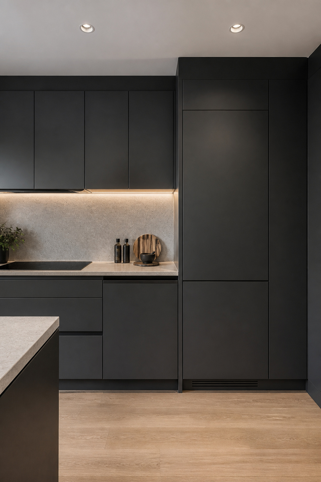 Panel-front refrigerator and dishwasher columns vanish into the cabinet run — the wall reads as pure cabinetry until you pull a door.