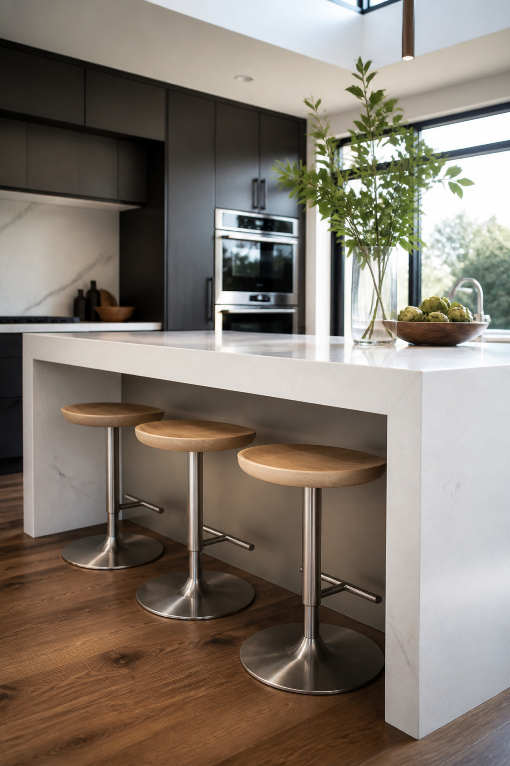 Low-profile swivel stools stored fully under a 15-inch quartz overhang — the seating zone disappears when not in use and the island reads as a clean surface.