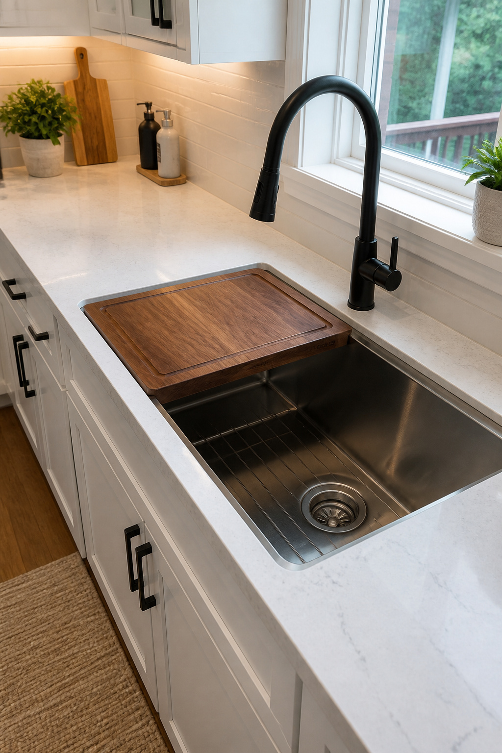 A workstation sink with ledge rails at counter level — the cutting board slides to the basin edge for direct prep-to-rinse workflow over a single surface.