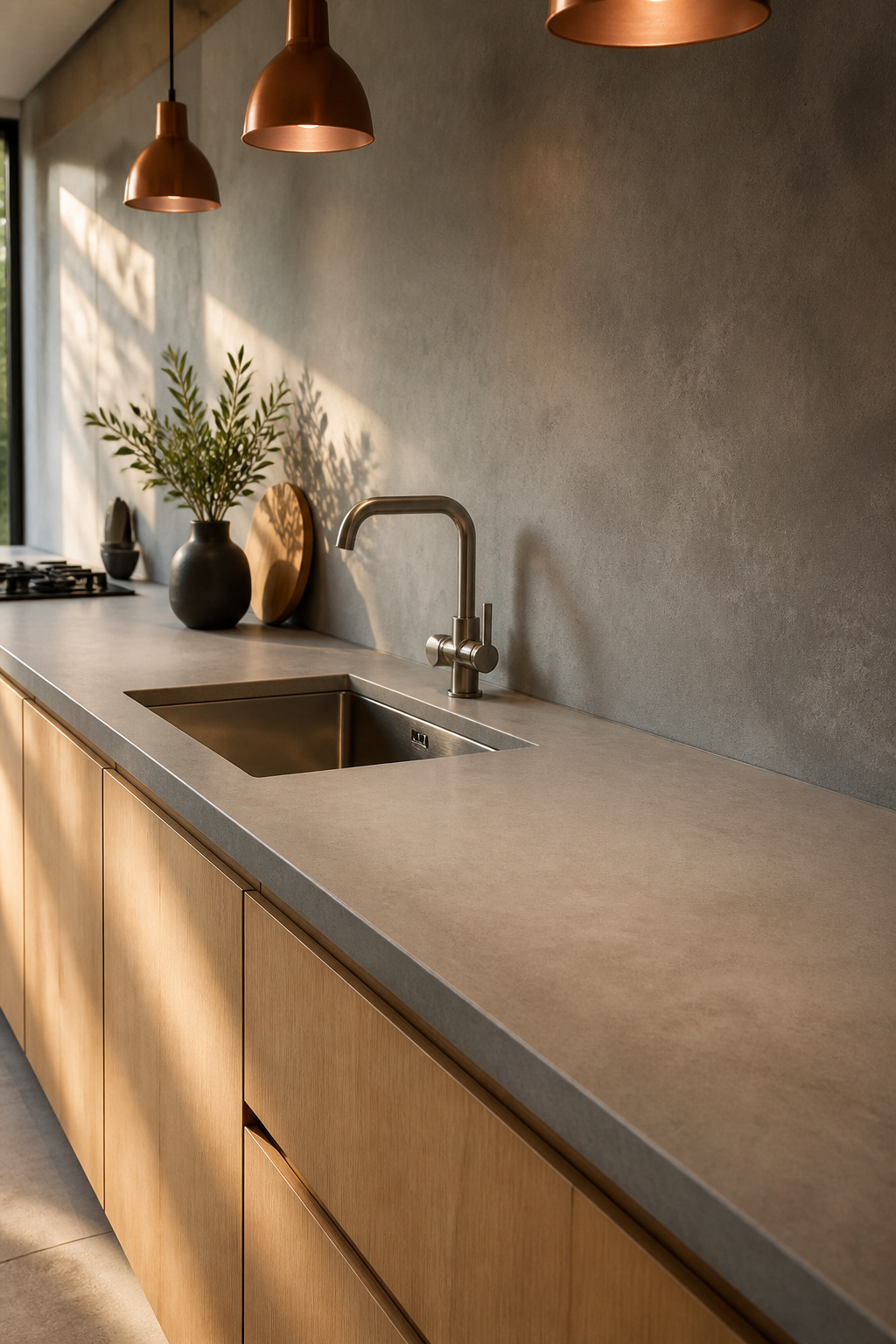 Micro-topping concrete at the counter and wall reads as a single material plane — matte, warm, and grounded in a way polished stone never quite achieves.