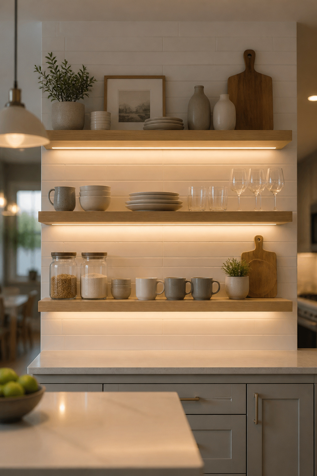 White oak floating shelves at 10-inch depth with front-edge LED strips — the light placement is as deliberate as the objects displayed.
