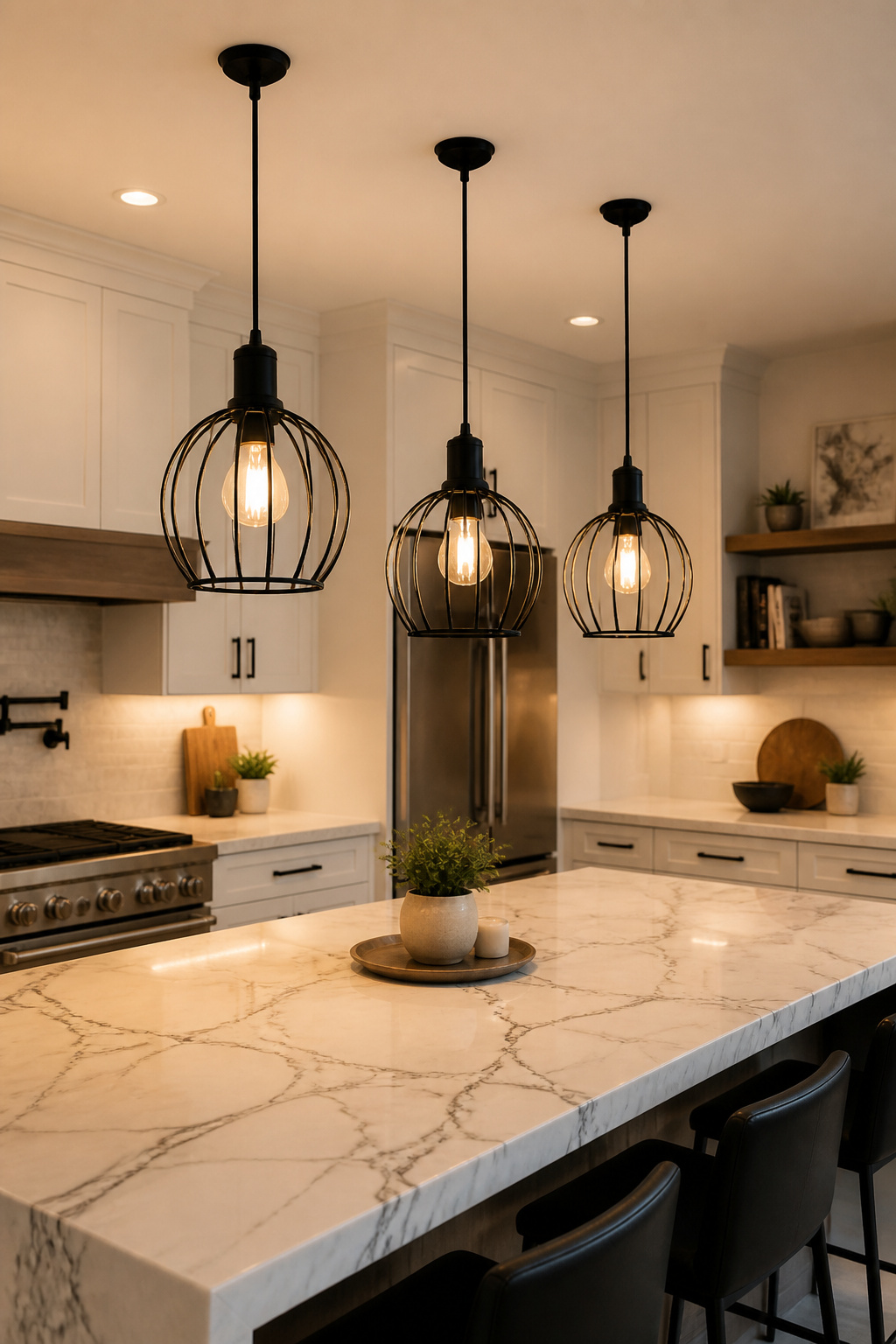 A cluster of matte black cage pendants hung at 30–33 inches above the island surface — the slight variation in drop height keeps the group feeling designed rather than repeated.