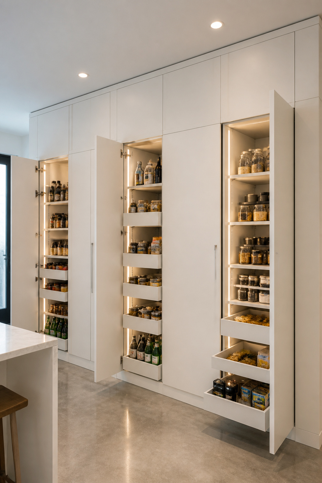 Full-height cabinetry with a scribe strip at the ceiling — no crown molding, no soffit, just the clean architectural line that makes the ceiling appear higher.