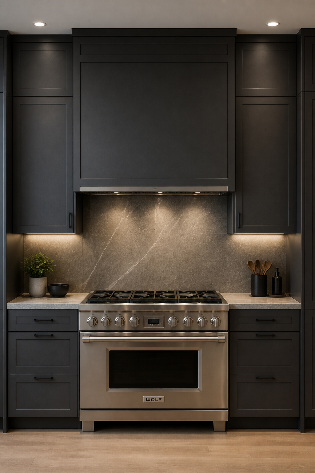 The range hood blower sits concealed within the cabinet soffit — the grille strip is the only visible indicator of a ventilation system pulling 480 CFM above this range.