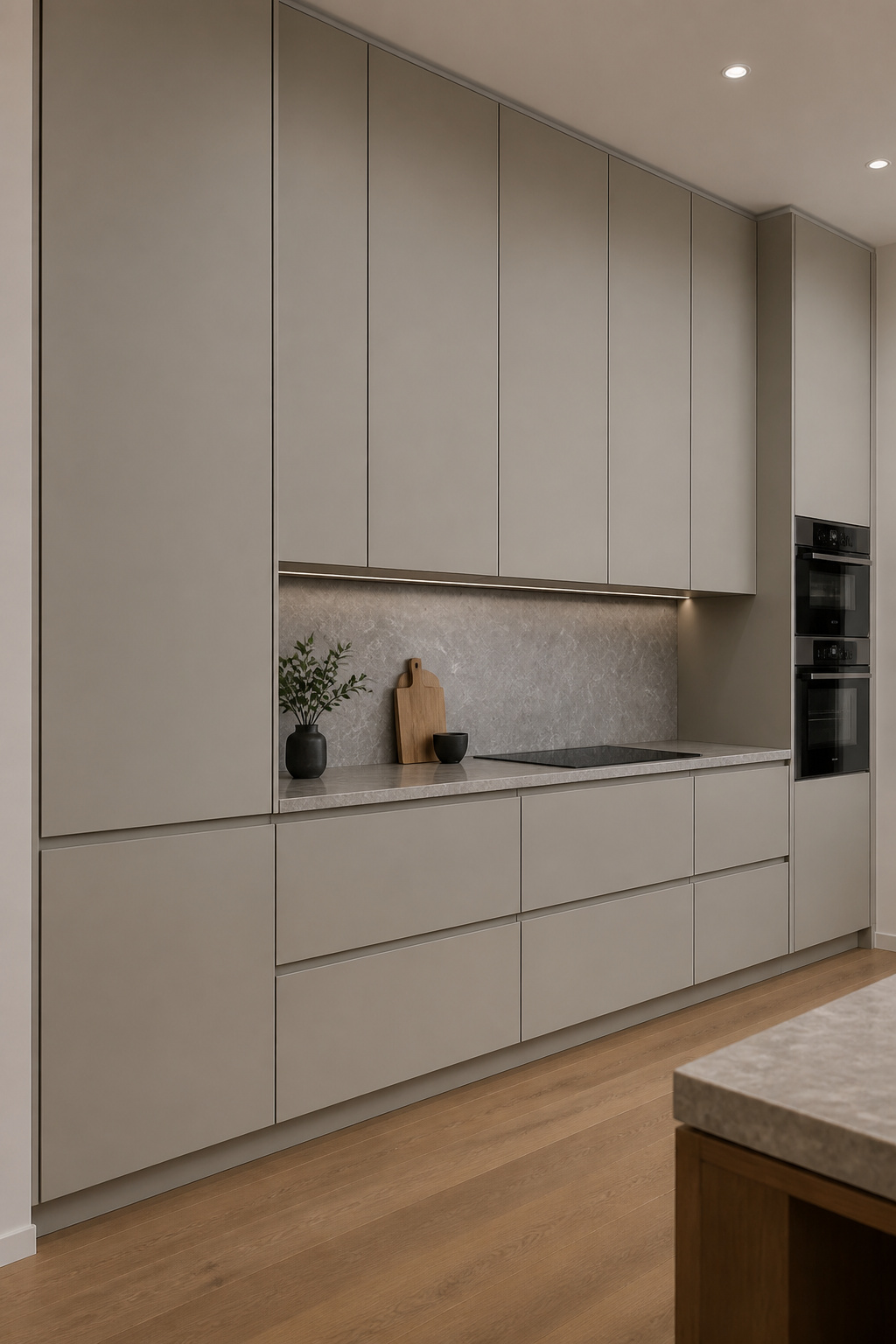 J-pull grooves at the door edge provide fingertip grip without any visible hardware — the cabinet face remains a clean, uninterrupted plane.
