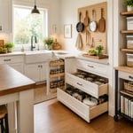 A fully organized kitchen where every storage system earns its place — pull-out drawers, pegboard, clear containers, and a rolling cart work together to eliminate clutter and create a kitchen you actually enjoy working in.