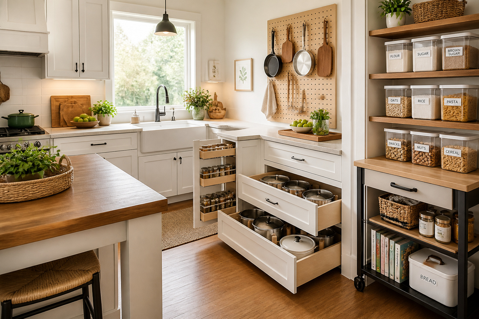 A fully organized kitchen where every storage system earns its place — pull-out drawers, pegboard, clear containers, and a rolling cart work together to eliminate clutter and create a kitchen you actually enjoy working in.