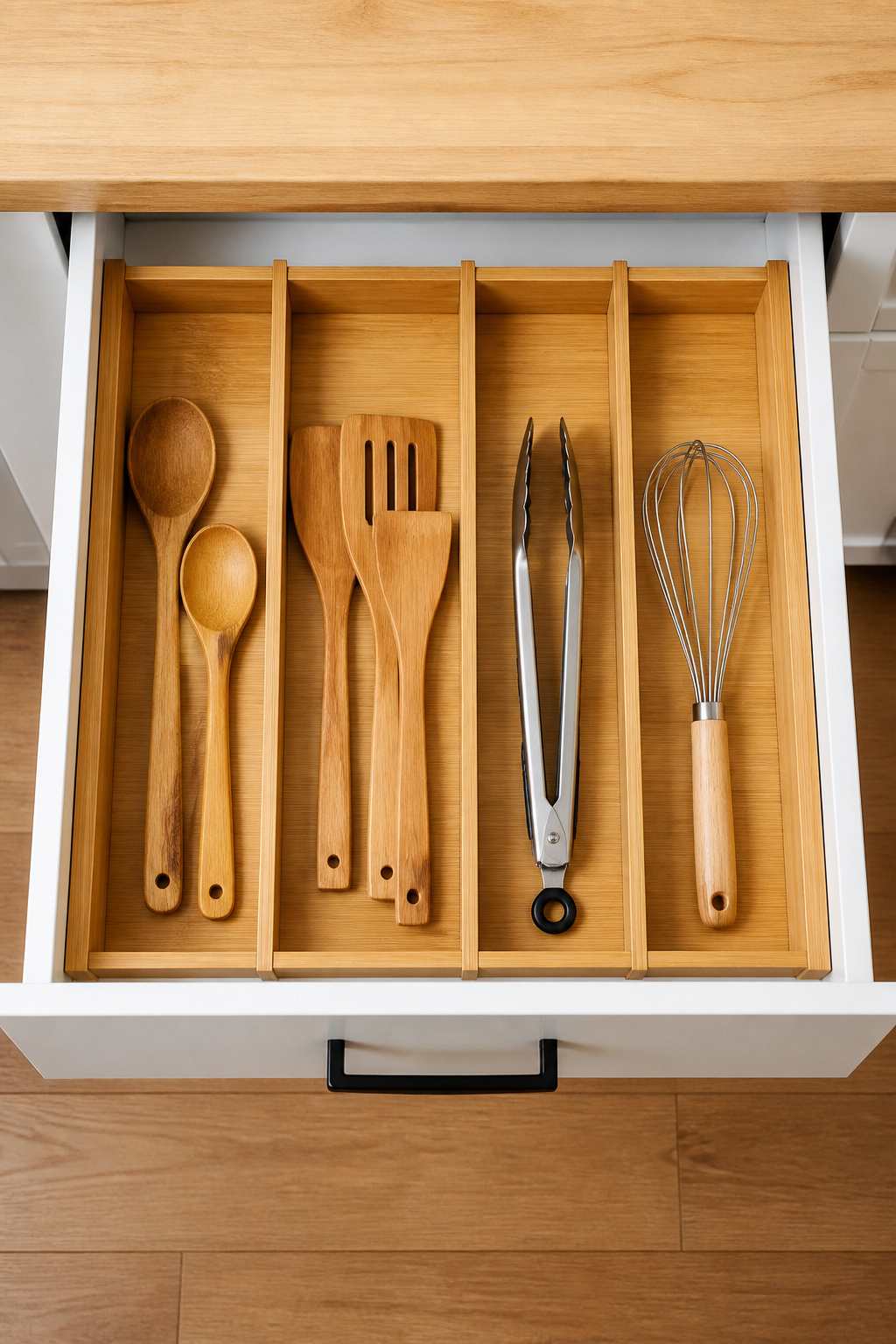 Expandable bamboo drawer dividers press into place with spring tension — no tools, no adhesive — creating defined zones that keep kitchen organization intact week after week.