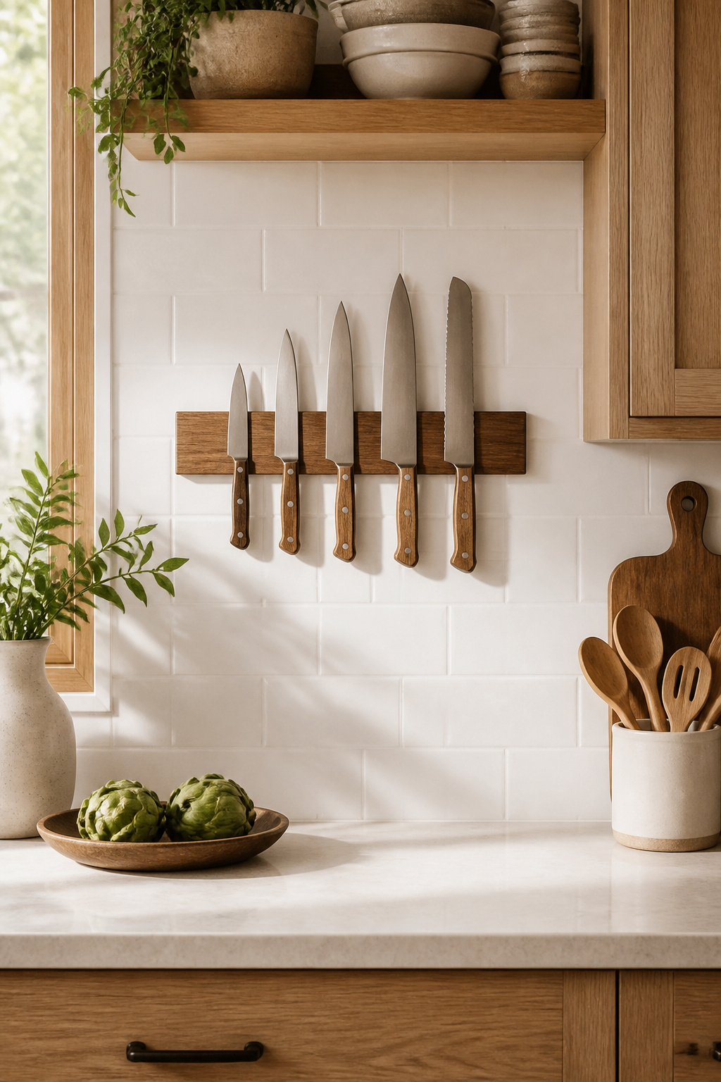 A wall-mounted magnetic knife strip frees up valuable counter space while keeping blades accessible, safe, and sharper than they'd be rattling around in a block.