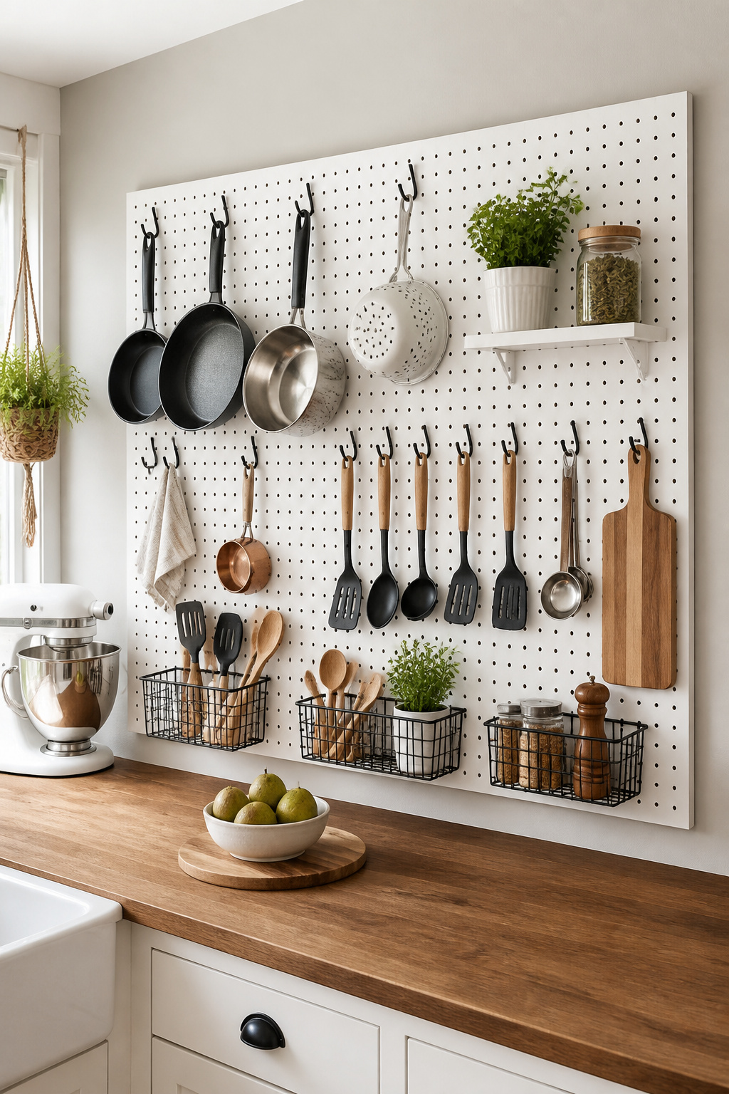 A painted pegboard panel transforms a blank kitchen wall into a fully customizable storage system for cookware and utensils — rearrange it any time without touching a drill.