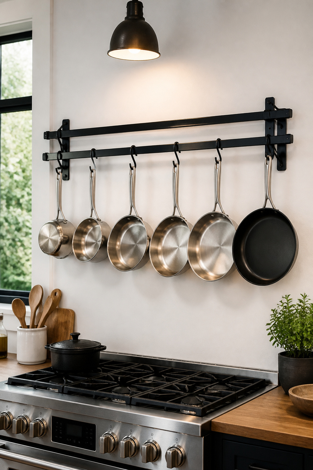 A wall-mounted pot rack liberates multiple lower cabinet shelves by moving bulky cookware to wall space that was previously unused — a high-impact kitchen storage upgrade.