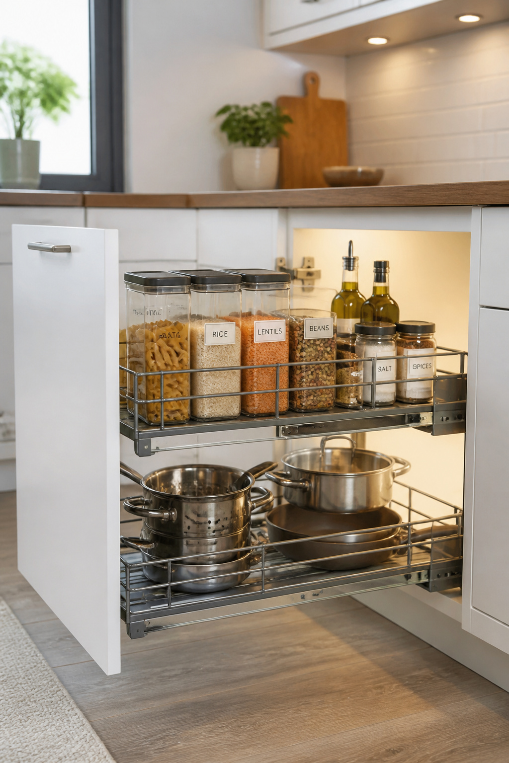 A pull-out drawer insert transforms an otherwise inaccessible deep lower cabinet into organized, fully visible storage that's easy to reach without bending or reaching to the back.