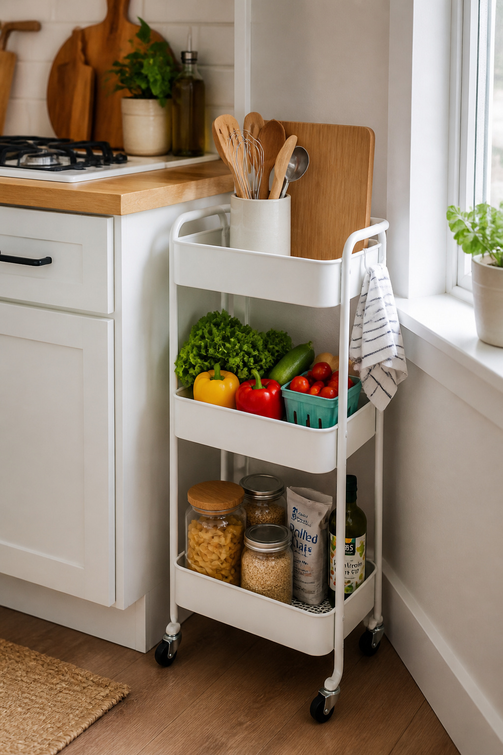 A rolling utility cart gives small kitchens moveable counter space and storage in one — park it where you need it, roll it away when you don't.