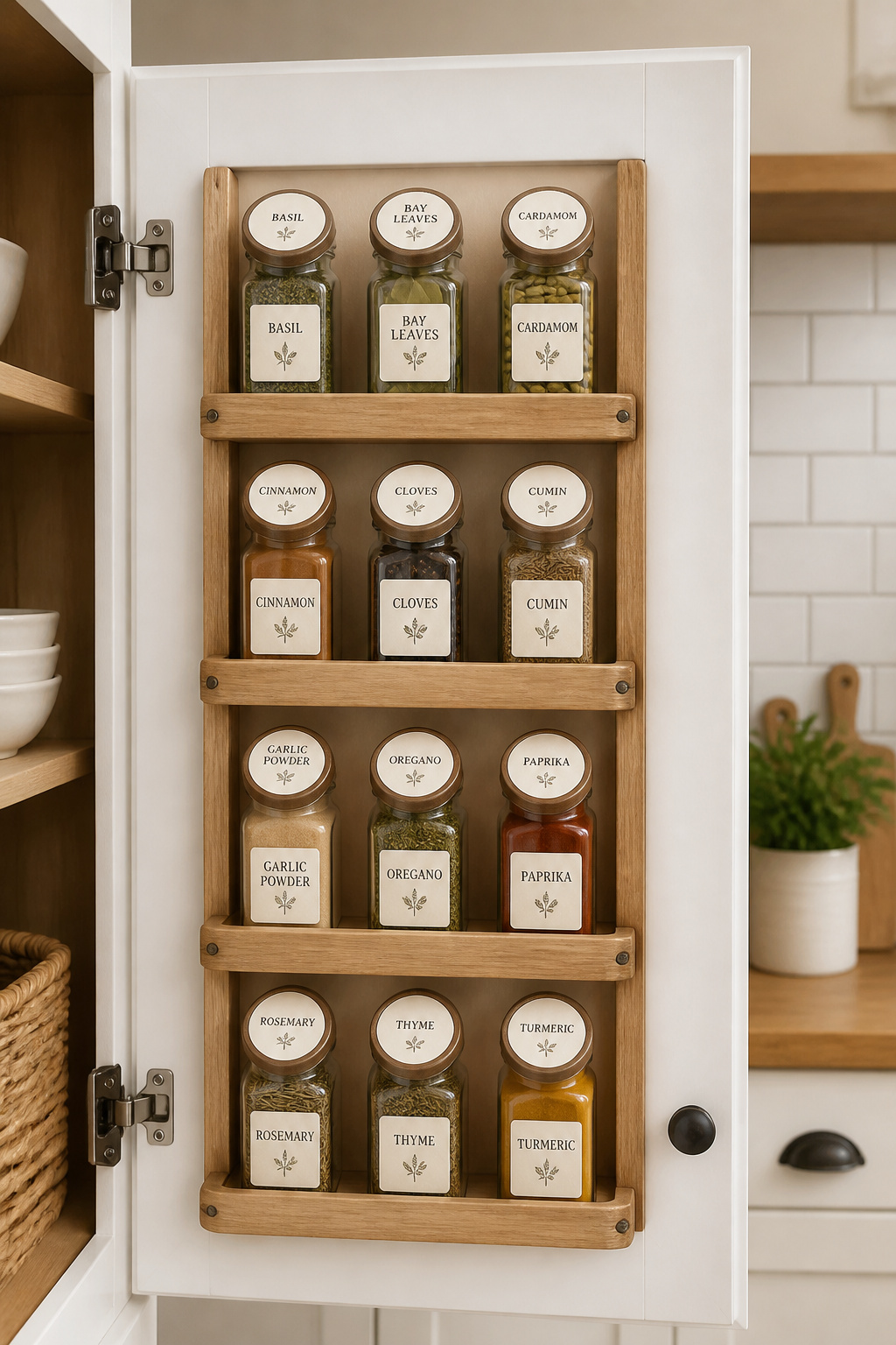 A door-mounted spice rack turns the inside of a kitchen cabinet door into organized, eye-level spice storage — using space that was previously doing nothing.