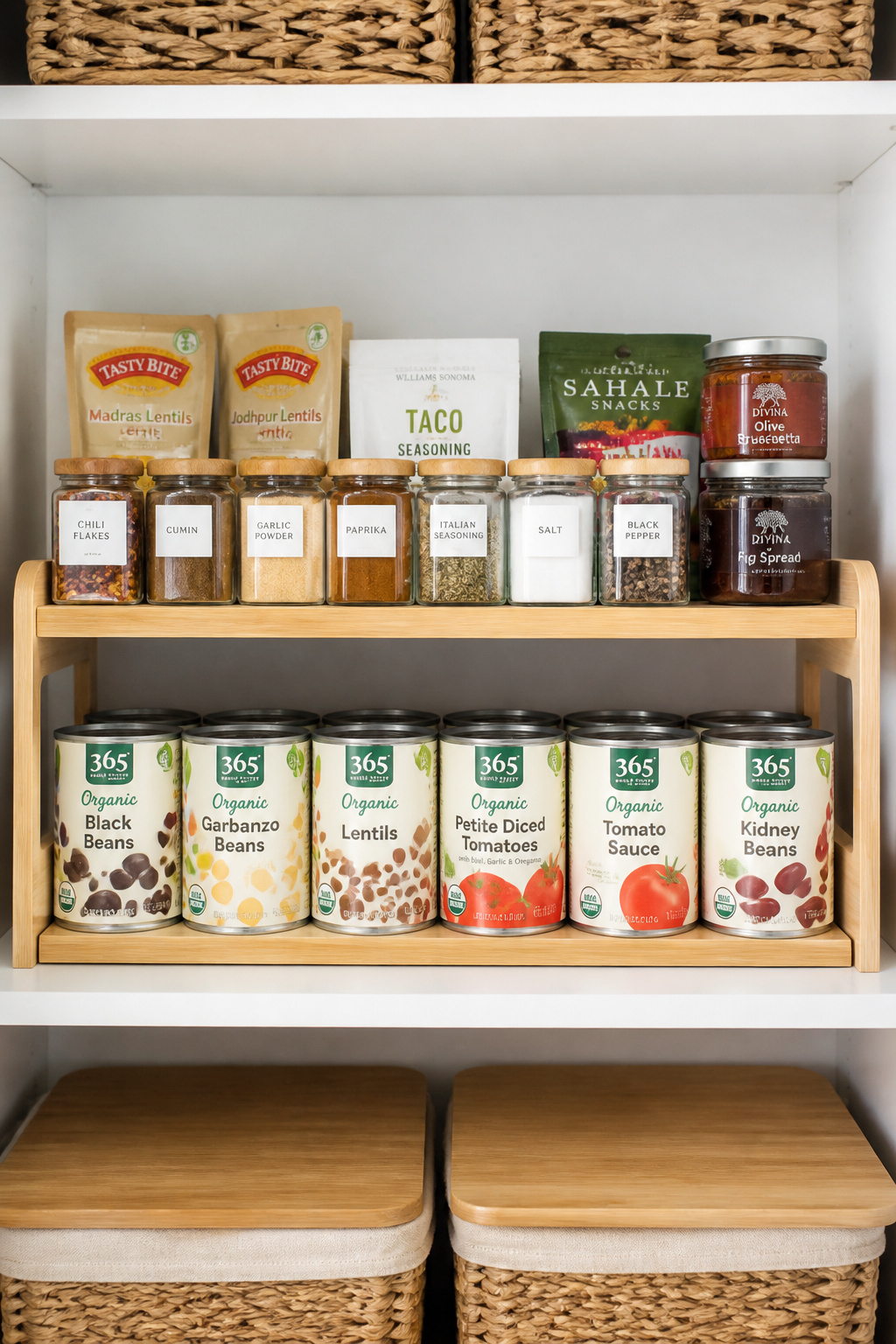 Shelf risers add a second storage tier inside existing pantry shelf spacing — using vertical space that most kitchens waste completely.
