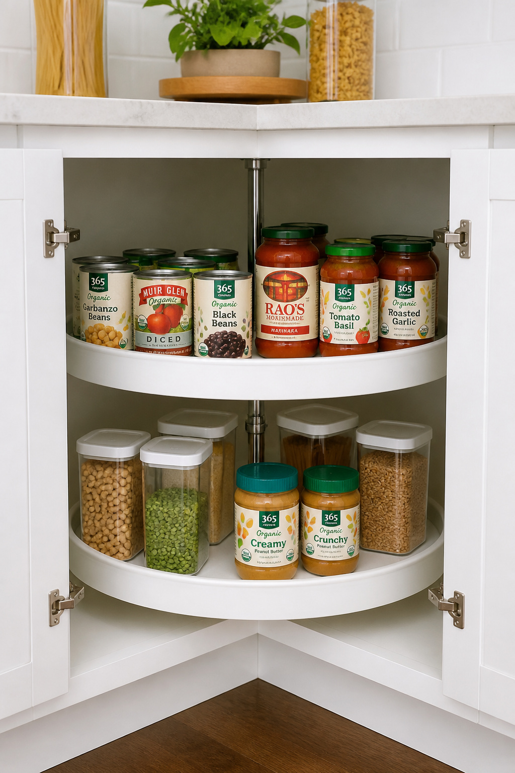 A D-shaped lazy Susan turntable makes every inch of a corner cabinet accessible on demand, eliminating the lost-item problem that plagues most corner storage.