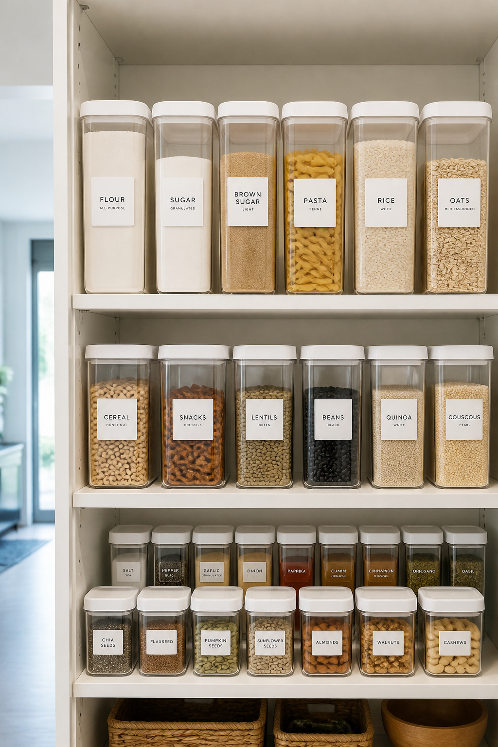 Clear airtight pantry containers eliminate the buried-and-forgotten problem — uniform visibility means you always know what you have, how much is left, and what needs restocking.