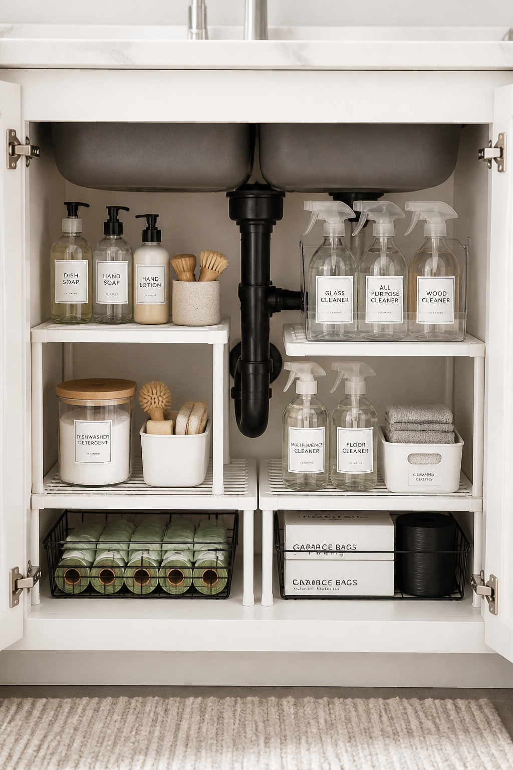 A tiered under-sink shelf works around plumbing to double usable surface area, turning the kitchen's most neglected cabinet into a genuinely organized storage zone.