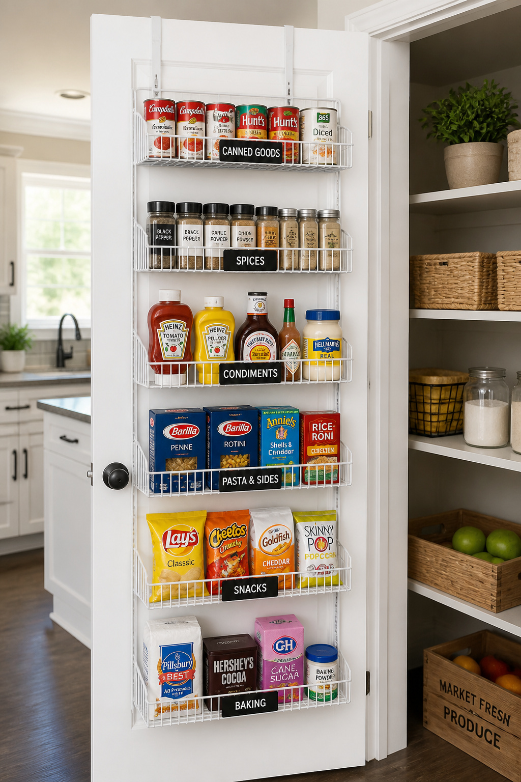 An over-door rack turns the back of a pantry door into a structured food and supply storage zone — no tools, no damage, and instantly reversible for renters.