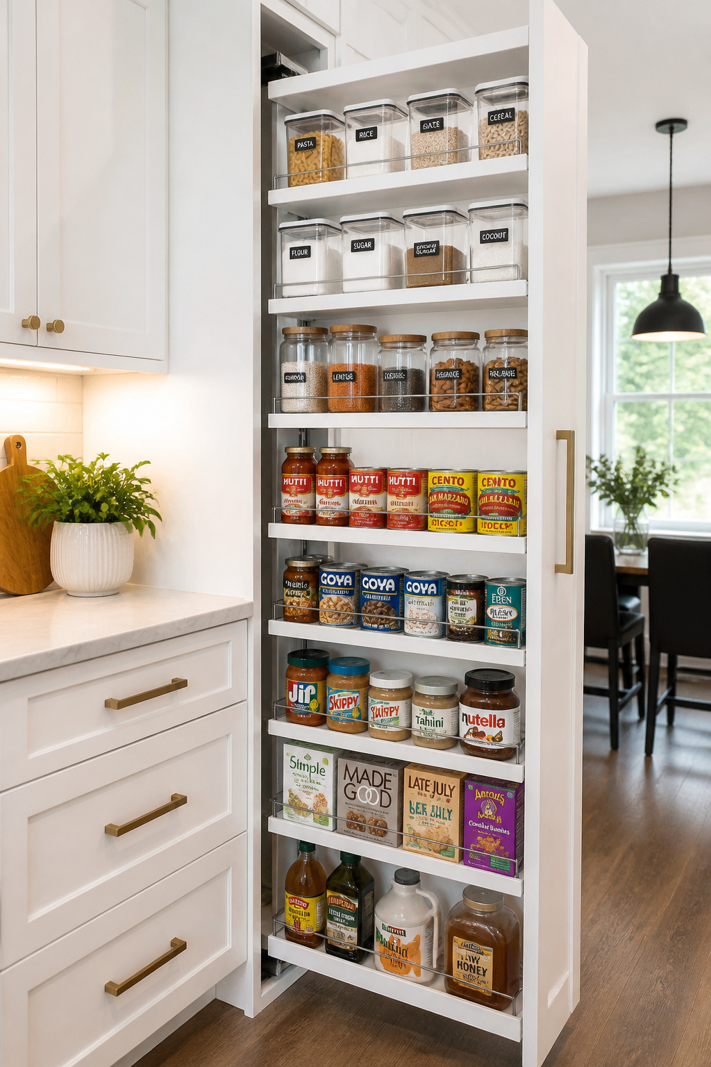 A pull-out pantry cabinet gives every stored item front-of-shelf visibility and full reach — the most comprehensive kitchen storage organization upgrade without a full renovation.