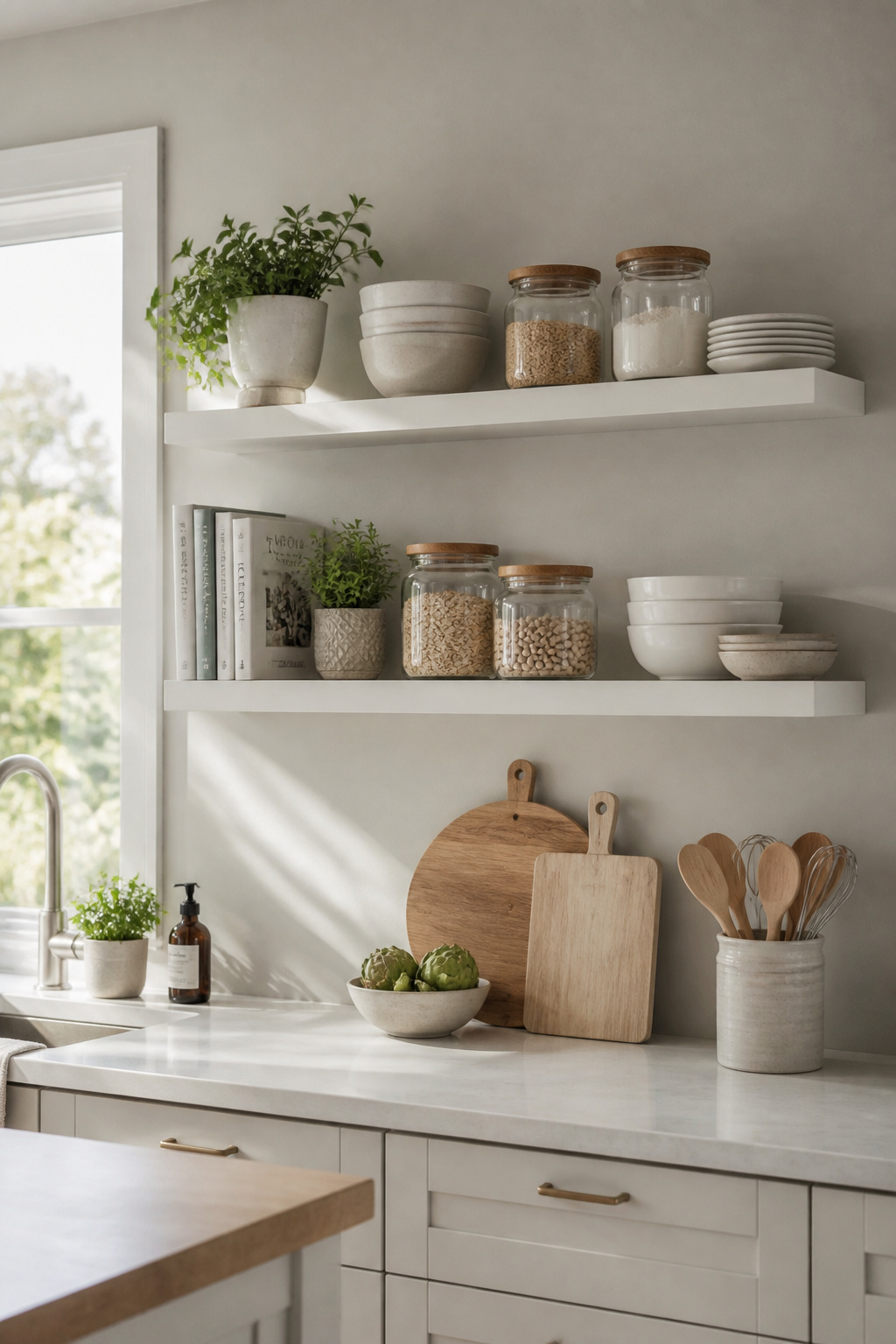 Open kitchen shelving works beautifully when limited to daily-use items and styled with breathing room — the negative space is as important as what goes on the shelf.