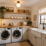 Every element in this styled laundry room — from the shiplap wall to the butcher block folding station and farmhouse sink — is achievable on a DIY budget, starting with a weekend and a can of satin paint.