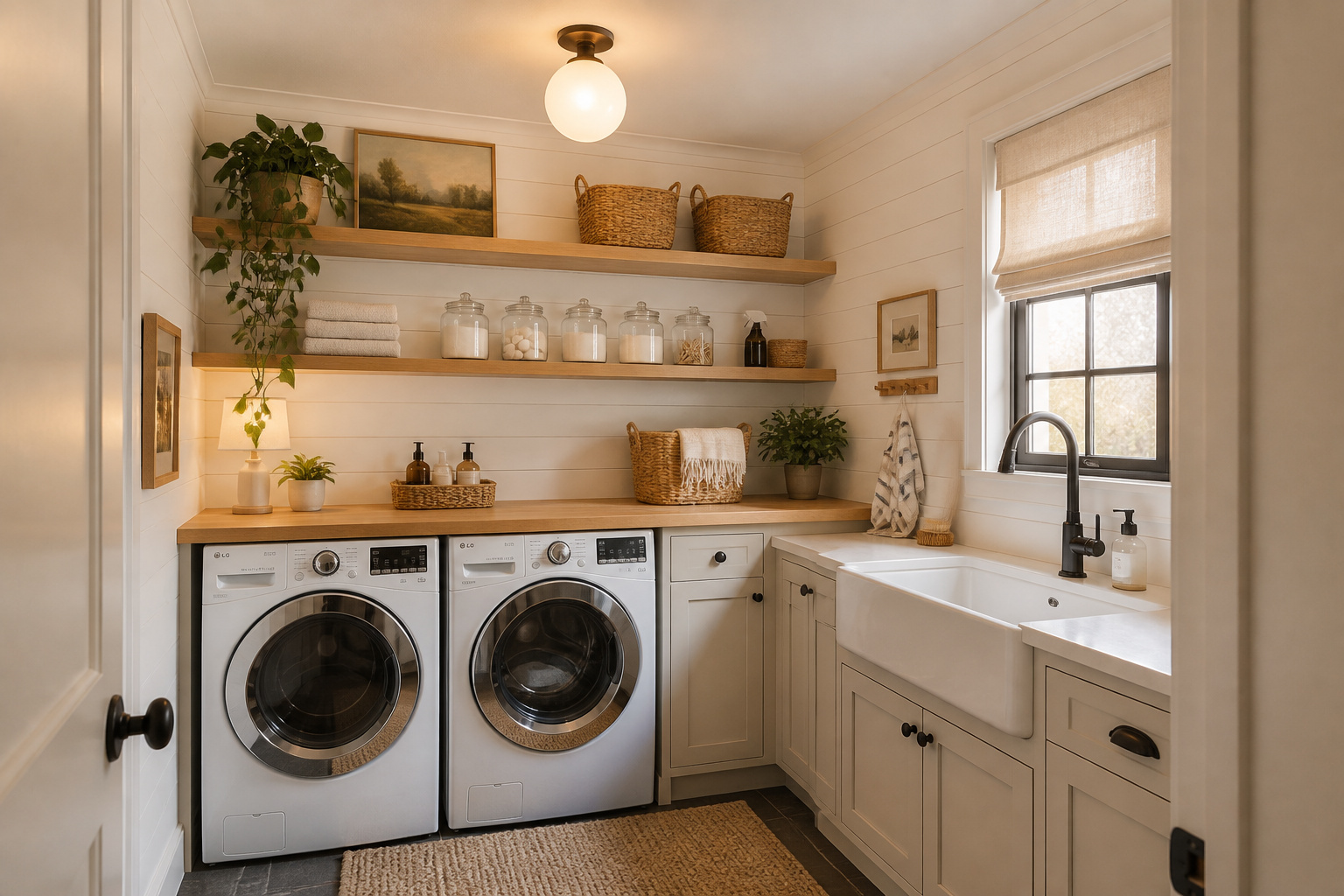 Every element in this styled laundry room — from the shiplap wall to the butcher block folding station and farmhouse sink — is achievable on a DIY budget, starting with a weekend and a can of satin paint.