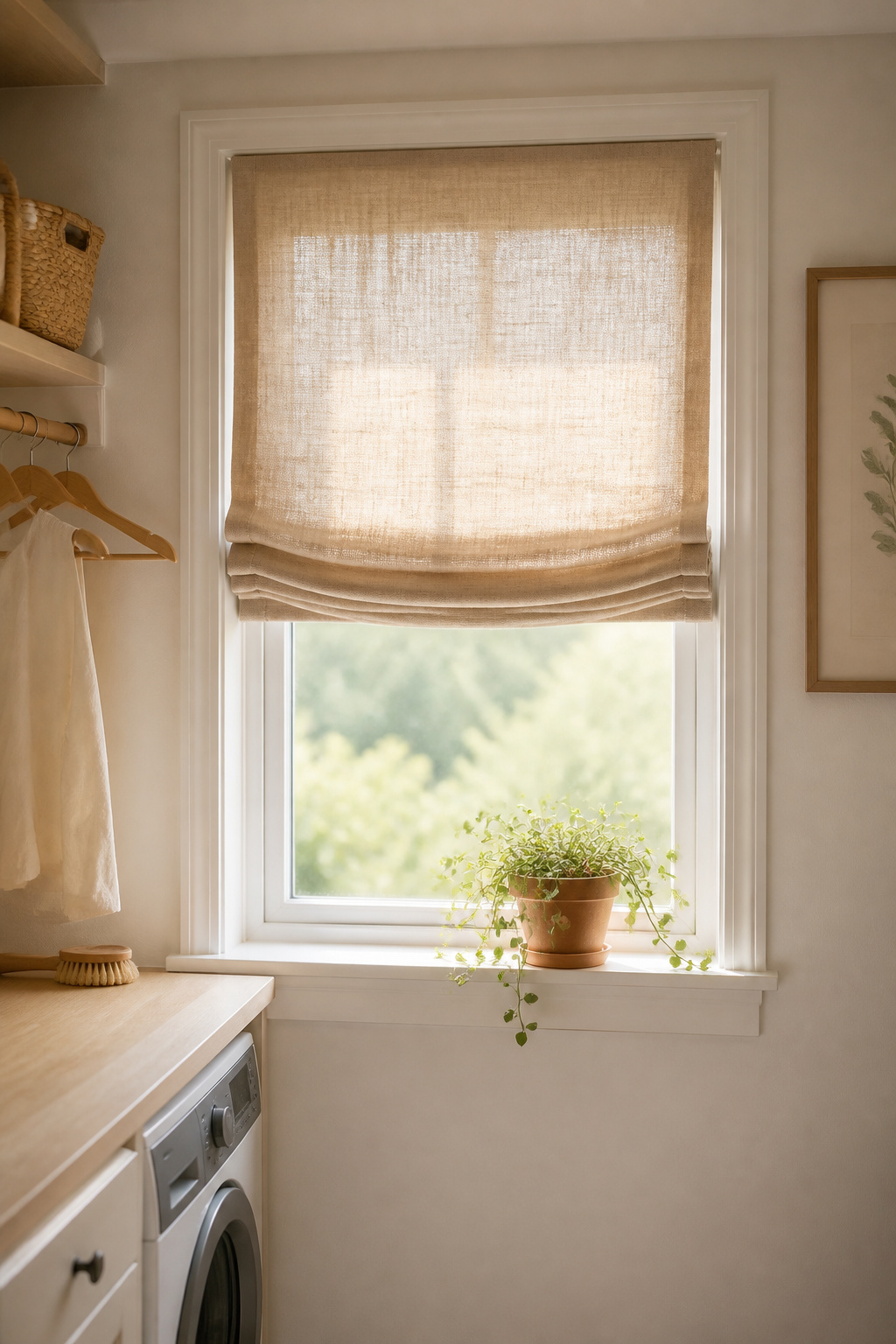 A linen roman shade on a laundry room window adds privacy, softness, and a finished quality that changes the room's whole character for under $30.