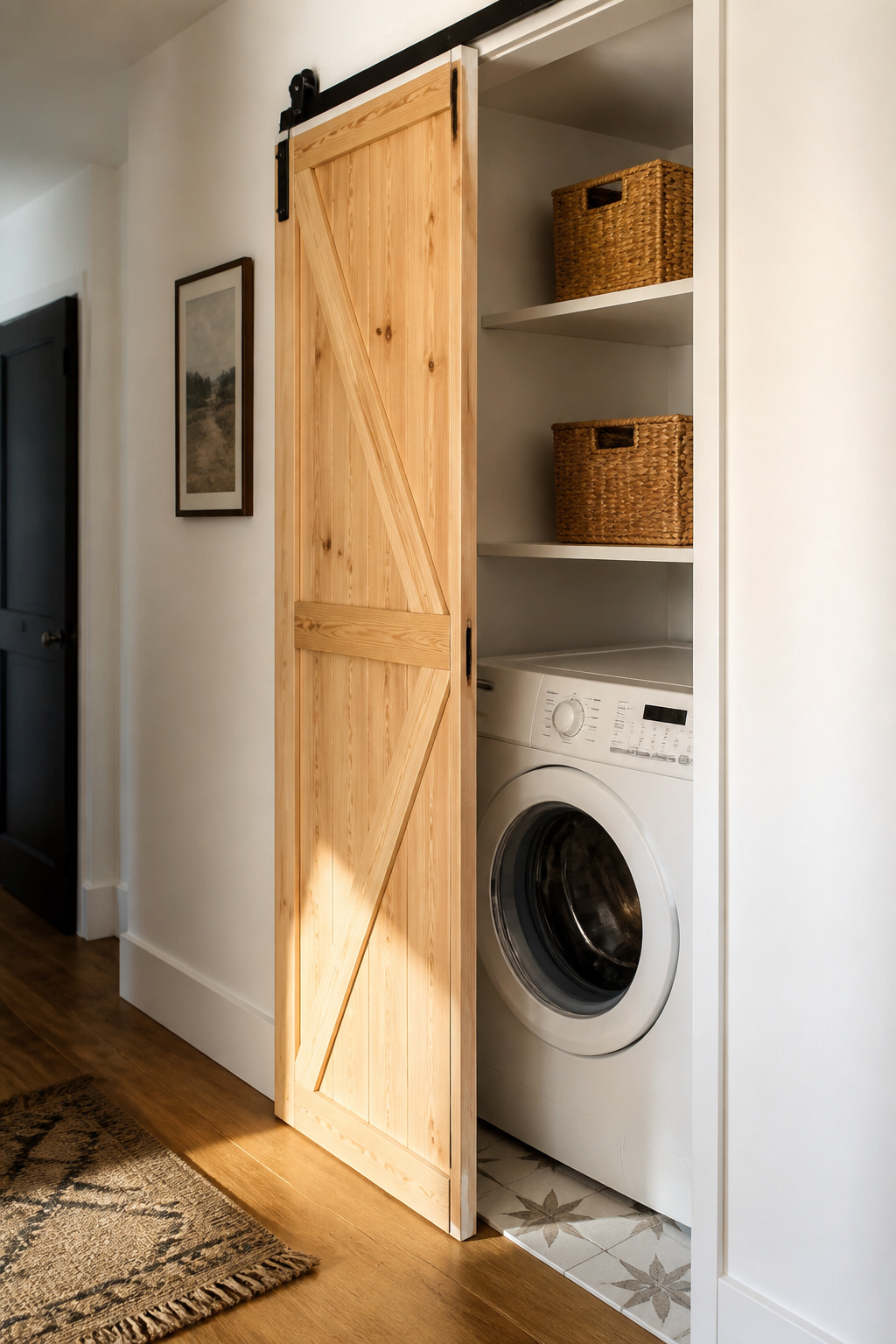 A bi-fold barn door conceals the machines and turns the laundry alcove into a feature — the room reads entirely differently when the appliances disappear.