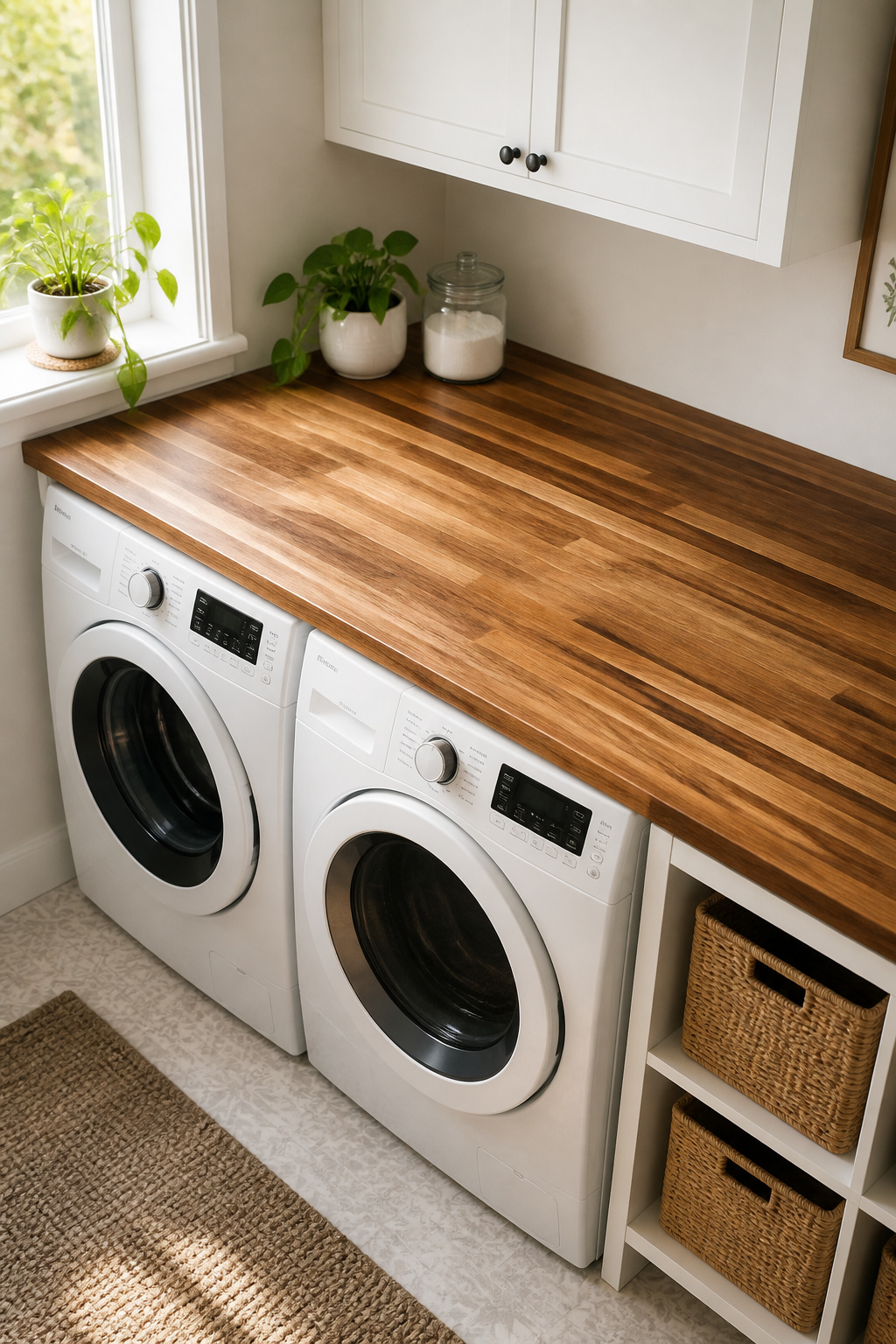 A butcher block counter over IKEA KALLAX cubbies creates a proper folding station for $120–200 — and makes the laundry room feel built-in rather than temporary.