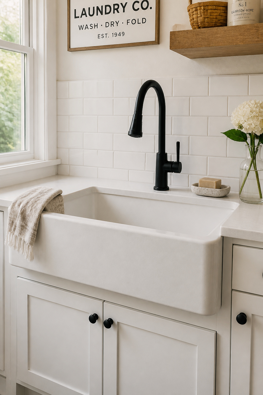A composite granite farmhouse sink paired with a matte black gooseneck faucet makes the laundry room feel like a purposeful space rather than an afterthought.