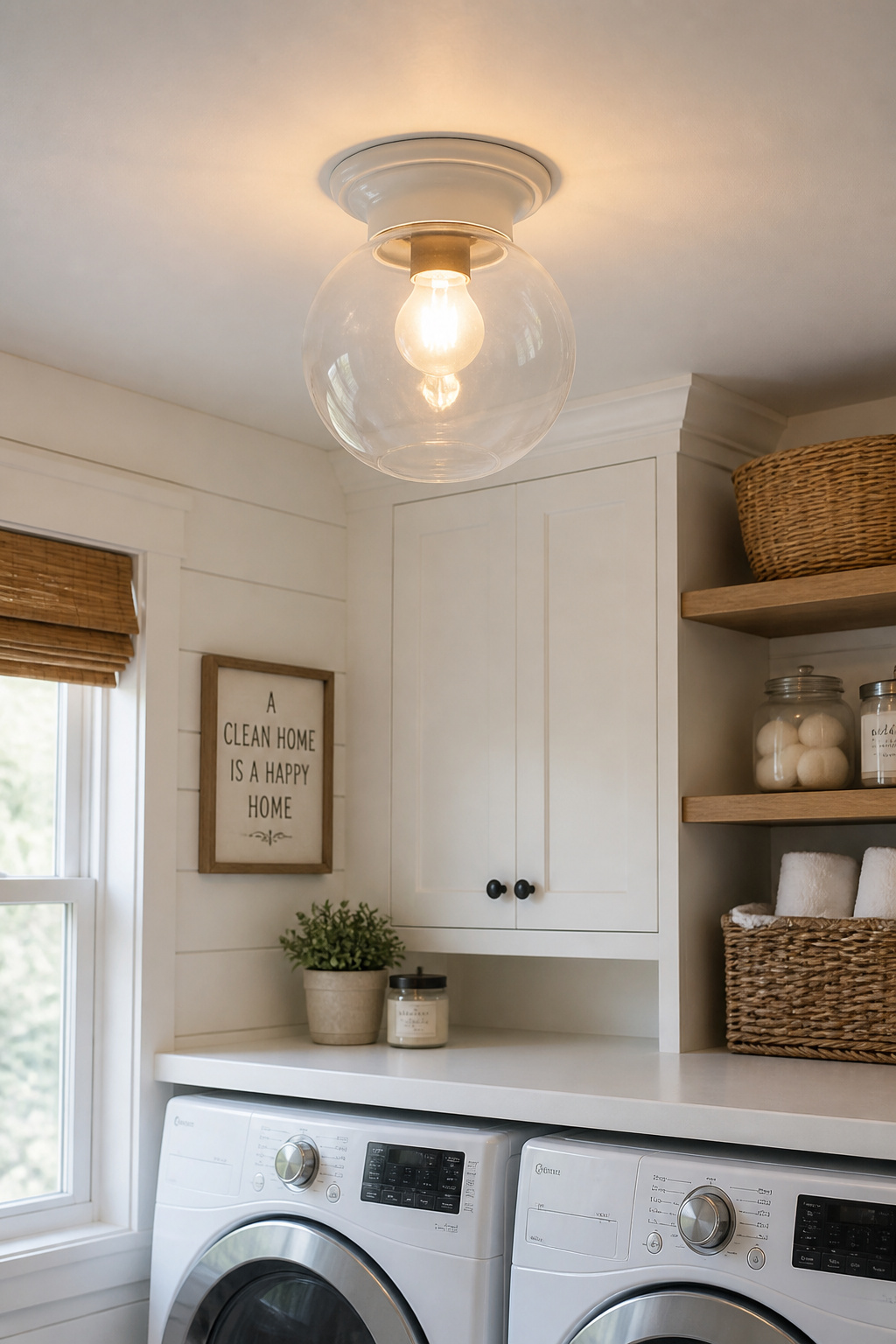 A schoolhouse globe flush mount at $45–90 replaces a builder-grade strip light and immediately makes the room feel like someone chose it.