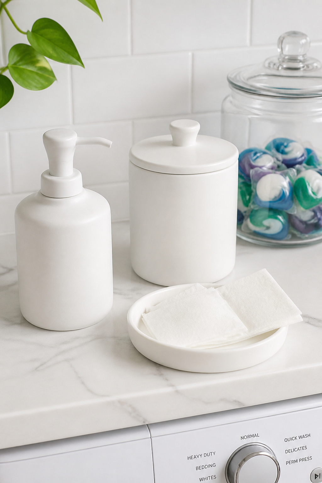 Swapping commercial plastic packaging for three matching matte ceramic containers takes five minutes and makes an immediate visual difference on any laundry room counter.