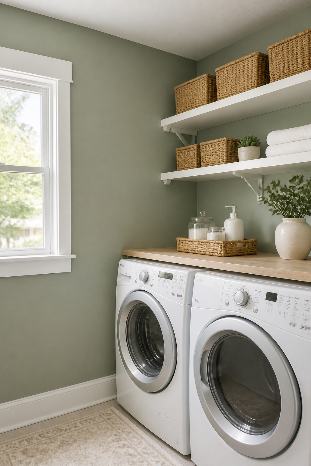 A muted sage paint in a moisture-resistant satin finish — like Sherwin-Williams Evergreen Fog — transforms a forgotten utility space into a room with actual character.