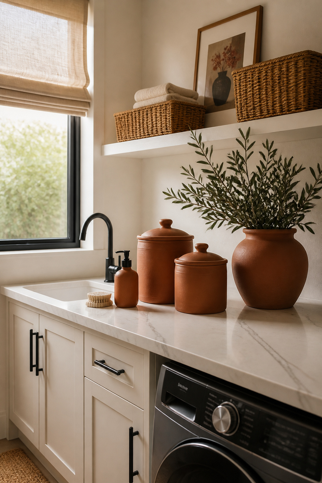 Anchoring the room's palette to a set of terracotta ceramic accessories — then pulling those same tones through baskets, the window shade, and the rug — gives the space an edited quality money can't buy.