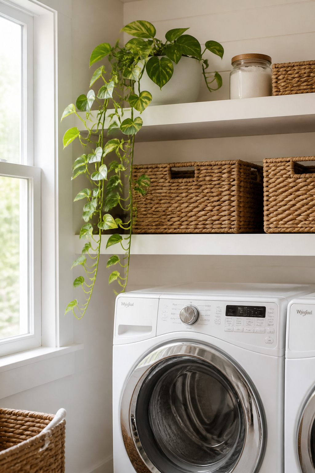 A trailing golden pothos on the top shelf — allowed to drape toward the machines — is the simplest way to make a laundry room feel genuinely inhabited.
