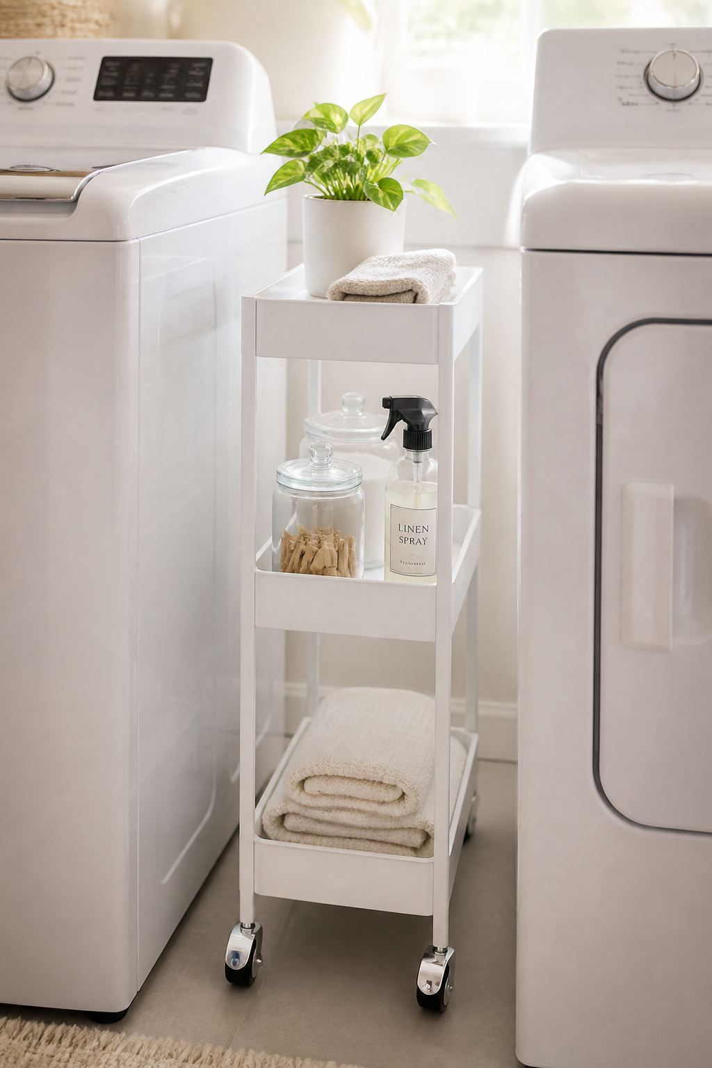 A slim rolling cart tucks into the machine gap to add three tiers of organised storage — styled with a trailing pothos on top, it looks like a deliberate design choice.