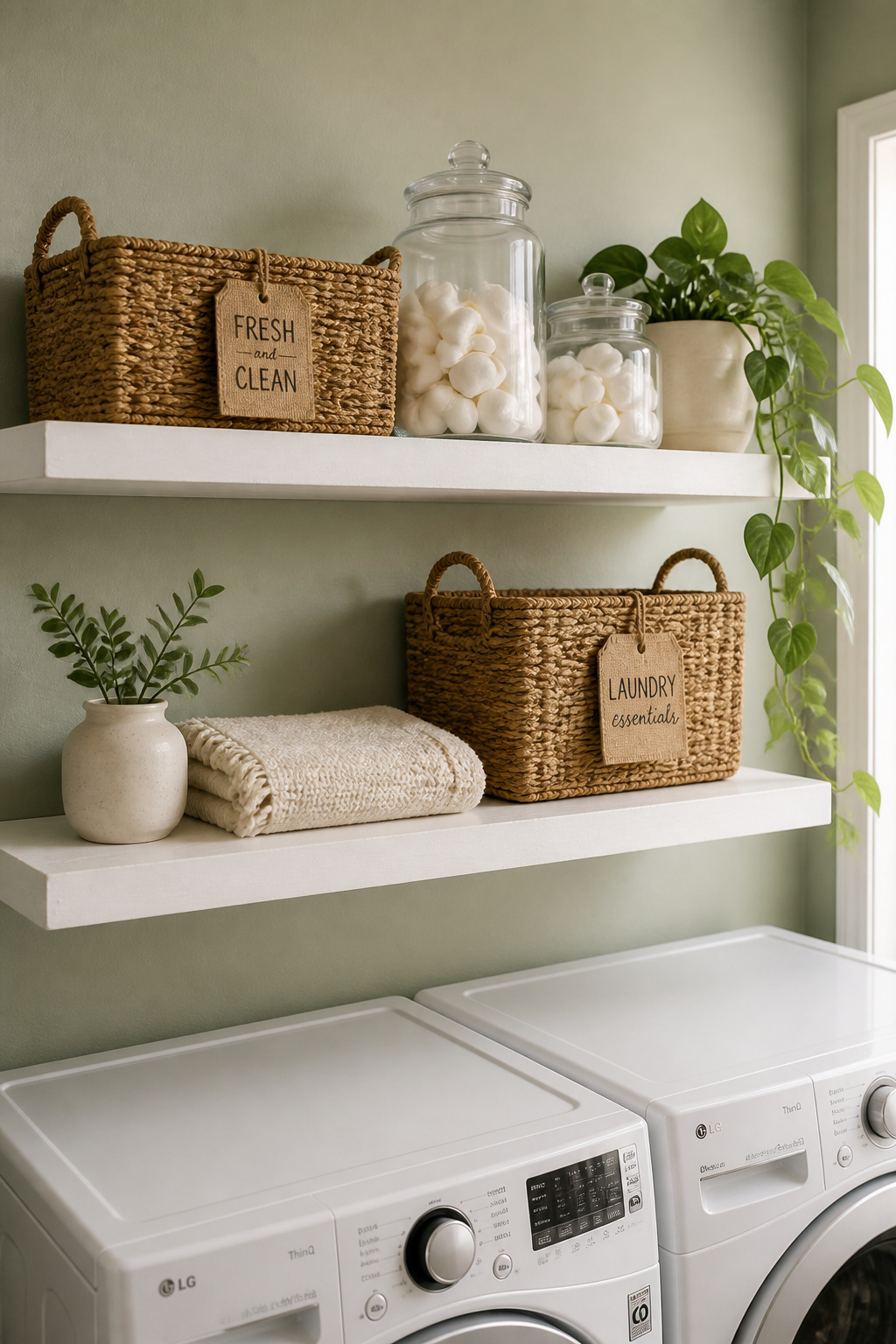 Matching seagrass baskets and glass storage jars turn a pair of floating shelves into the most effortlessly styled surface in the room.