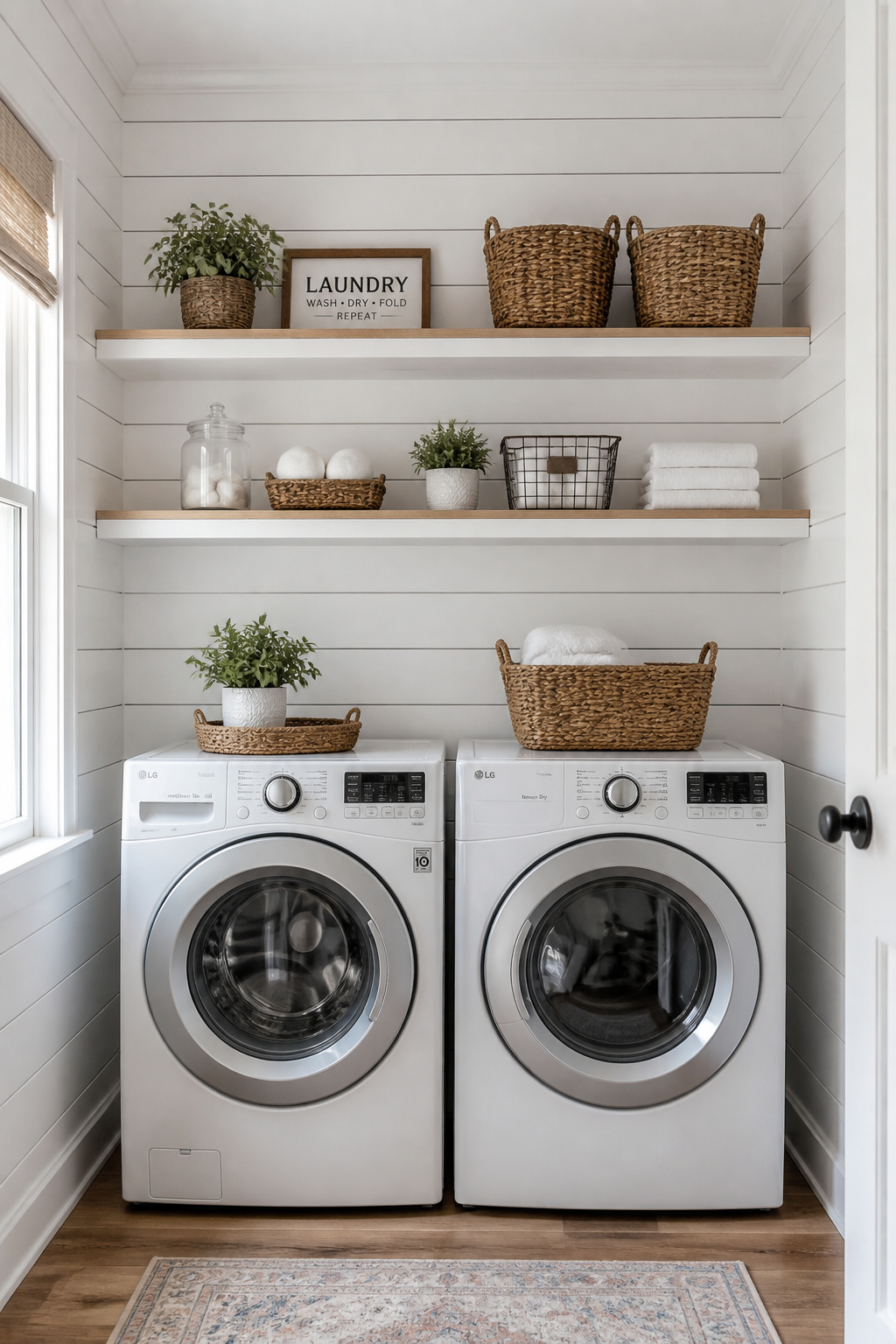 A white-painted shiplap accent wall behind the machines costs under $110 in materials and produces the single biggest visual transformation in the room.