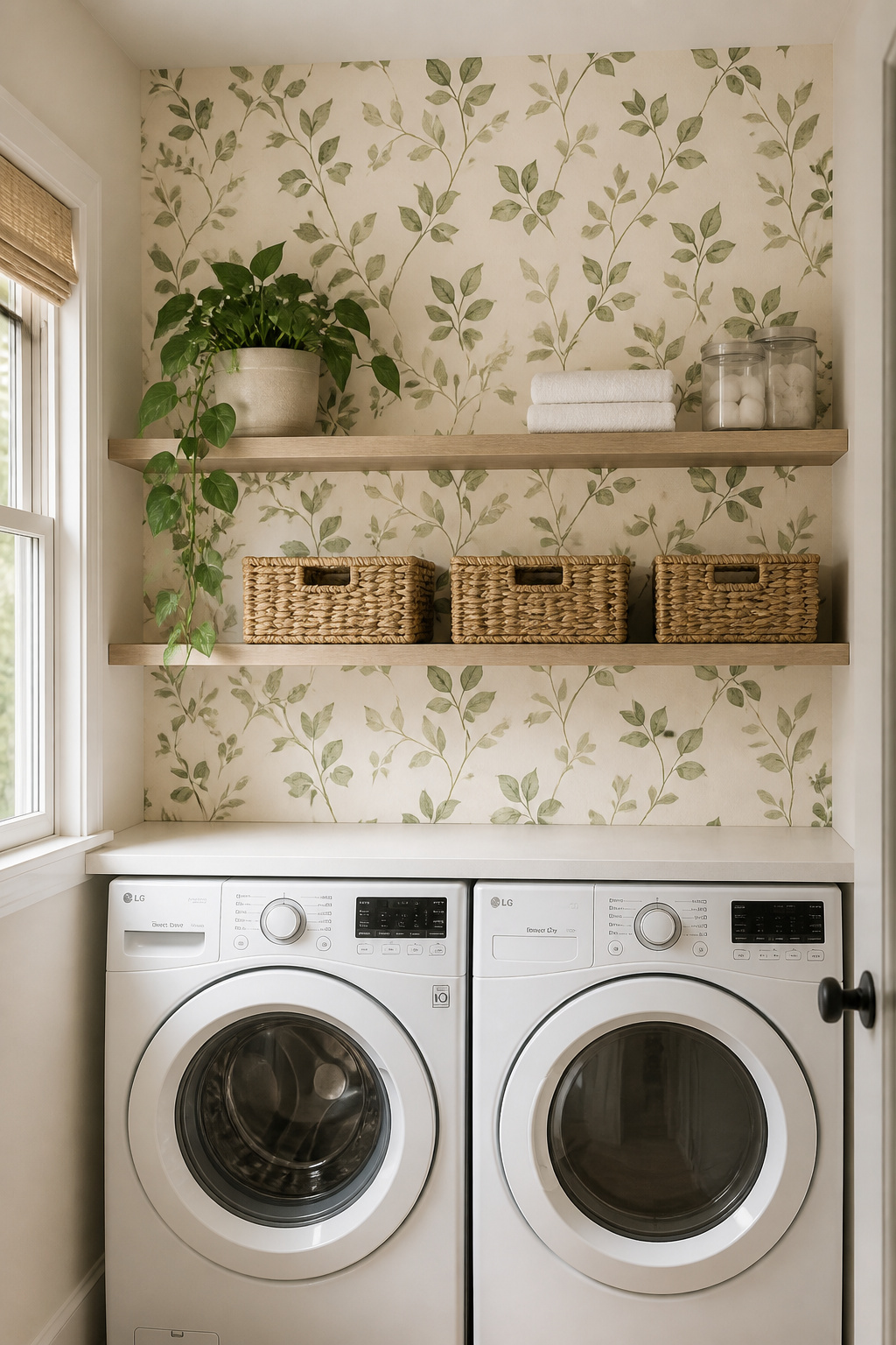 Vinyl peel-and-stick wallpaper transforms a plain laundry room wall in under two hours — no paste, no mess, and fully removable when you're ready for a change.