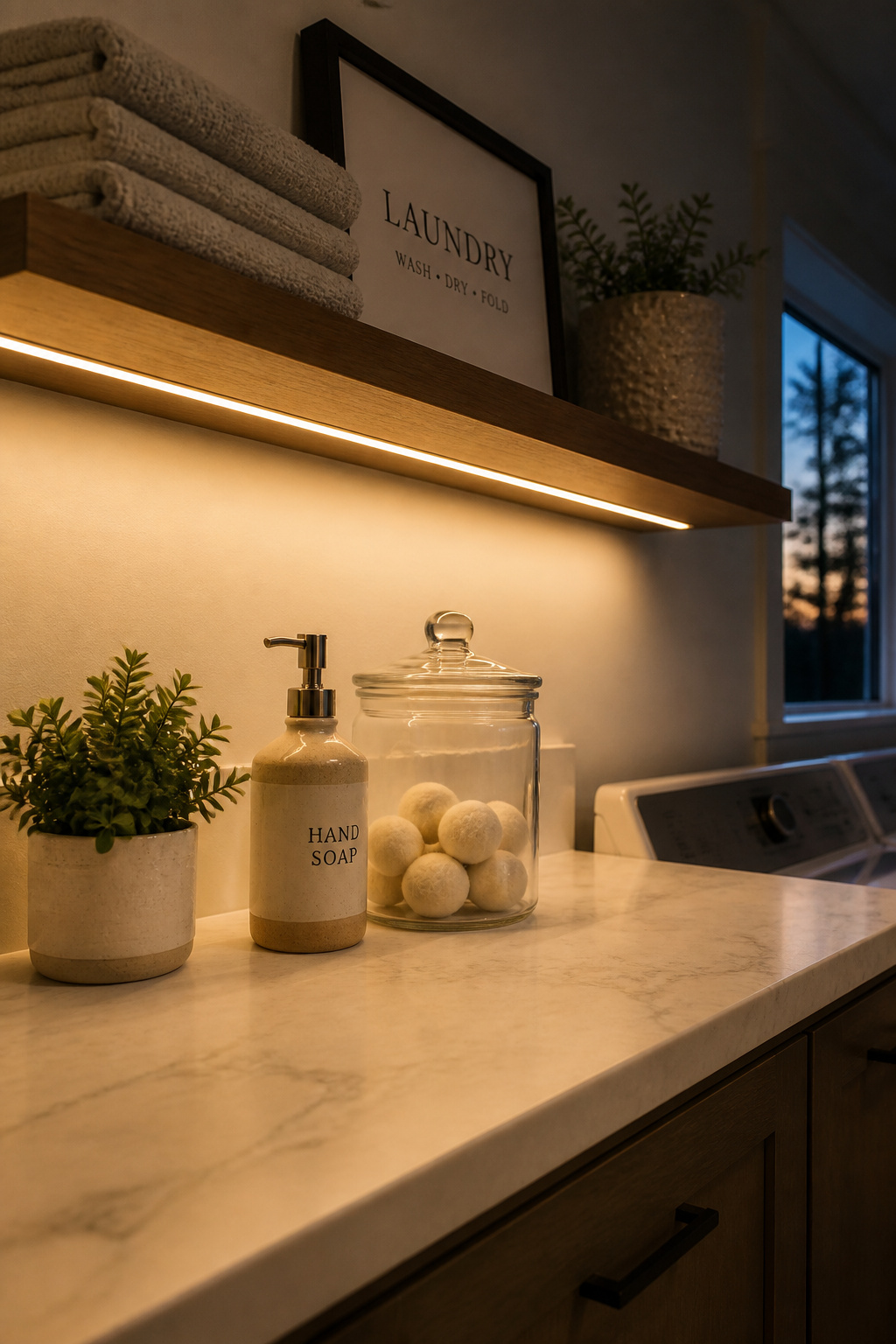 Warm under-cabinet LED strips under the shelf add a layer of ambient light that transforms how the laundry room feels after dark — for under $25.